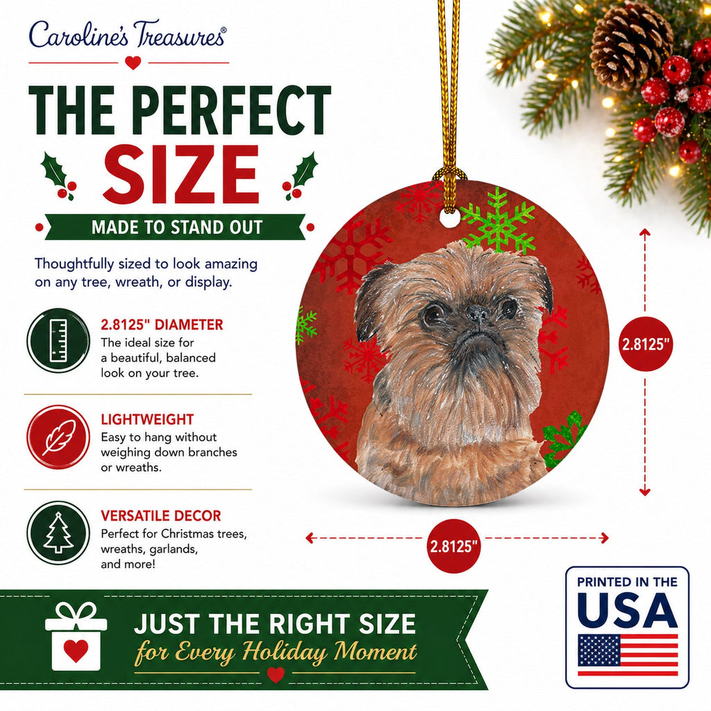 Brussels Griffon Red Snowflakes Holiday Ceramic Ornament Christmas Tree Hanging Decorations for Home Christmas Holiday, Party, Gift, 3 in, Multicolor
