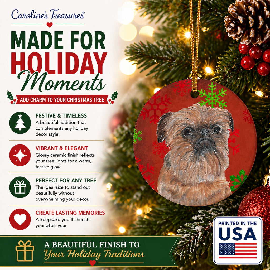 Brussels Griffon Red Snowflakes Holiday Ceramic Ornament Christmas Tree Hanging Decorations for Home Christmas Holiday, Party, Gift, 3 in, Multicolor