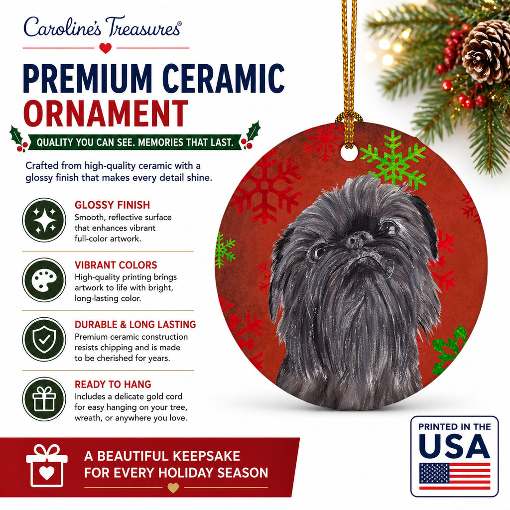 Brussels Griffon Red Snowflakes Holiday Ceramic Ornament Christmas Tree Hanging Decorations for Home Christmas Holiday, Party, Gift, 3 in, Multicolor