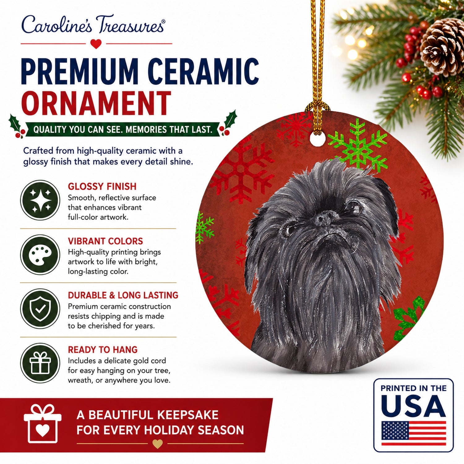 Brussels Griffon Red Snowflakes Holiday Ceramic Ornament Christmas Tree Hanging Decorations for Home Christmas Holiday, Party, Gift, 3 in, Multicolor