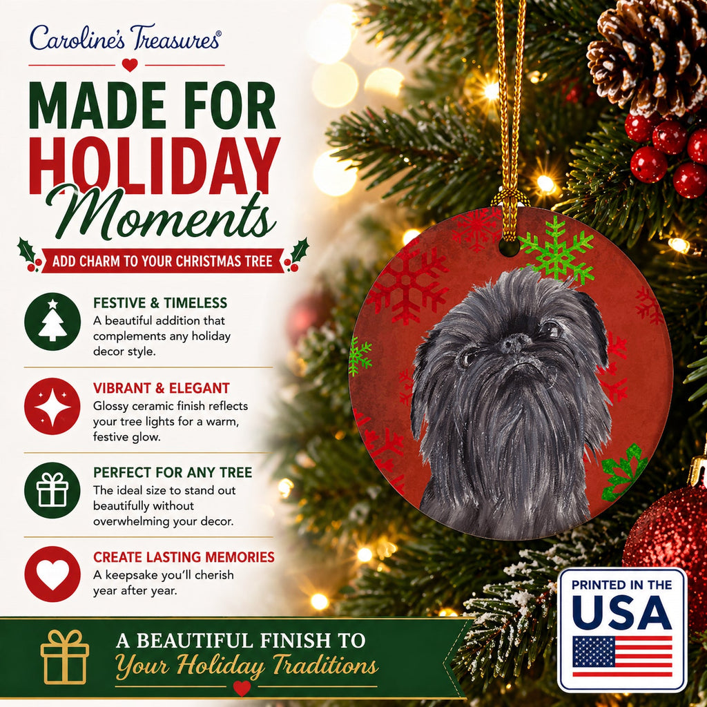 Brussels Griffon Red Snowflakes Holiday Ceramic Ornament Christmas Tree Hanging Decorations for Home Christmas Holiday, Party, Gift, 3 in, Multicolor