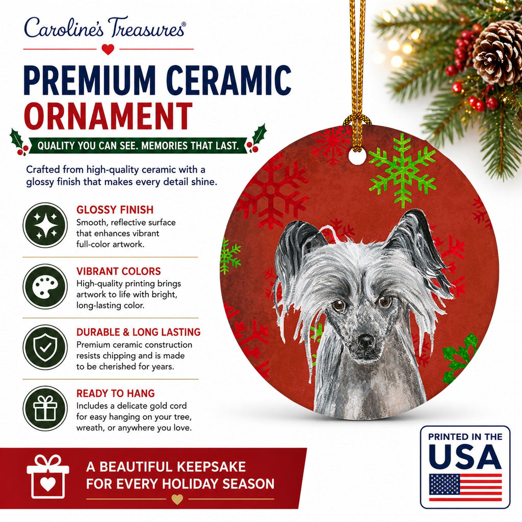 Chinese Crested Red Snowflakes Holiday Ceramic Ornament Christmas Tree Hanging Decorations for Home Christmas Holiday, Party, Gift, 3 in, Multicolor