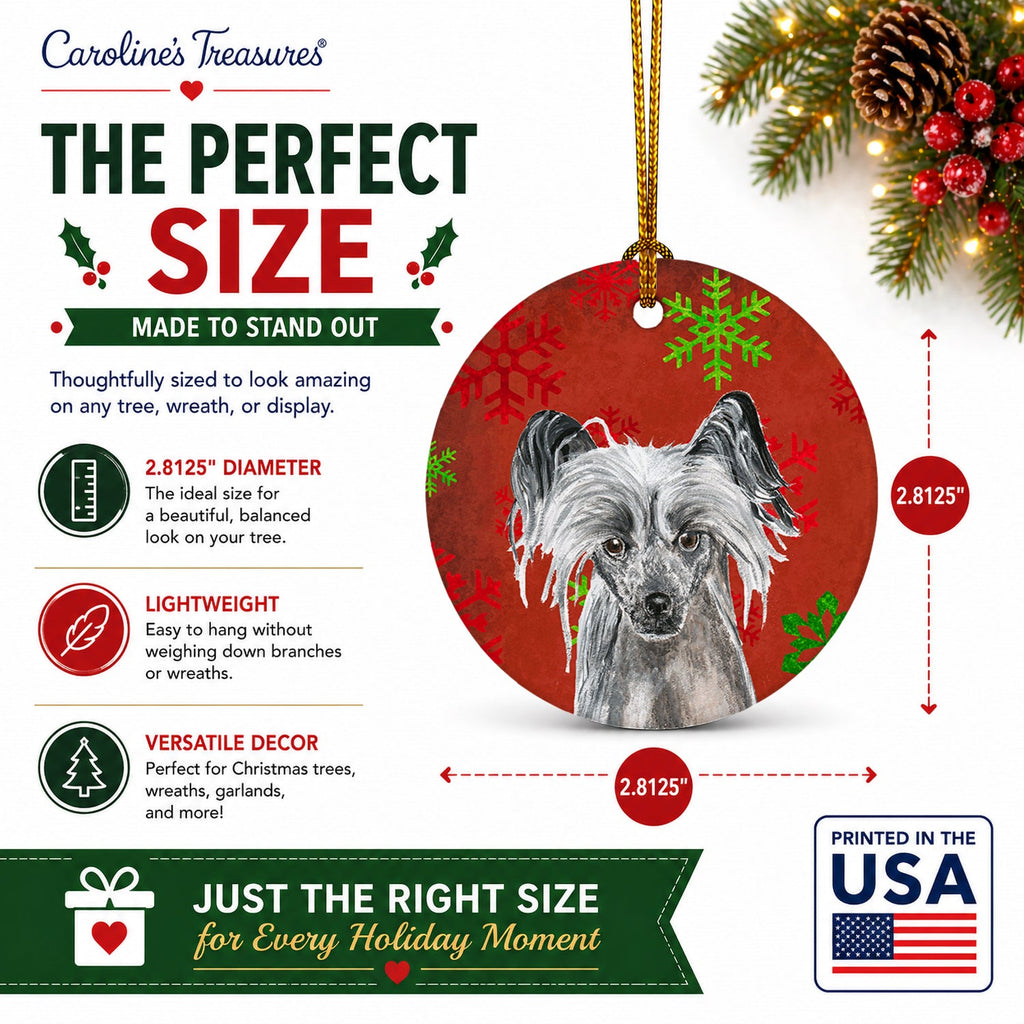 Chinese Crested Red Snowflakes Holiday Ceramic Ornament Christmas Tree Hanging Decorations for Home Christmas Holiday, Party, Gift, 3 in, Multicolor