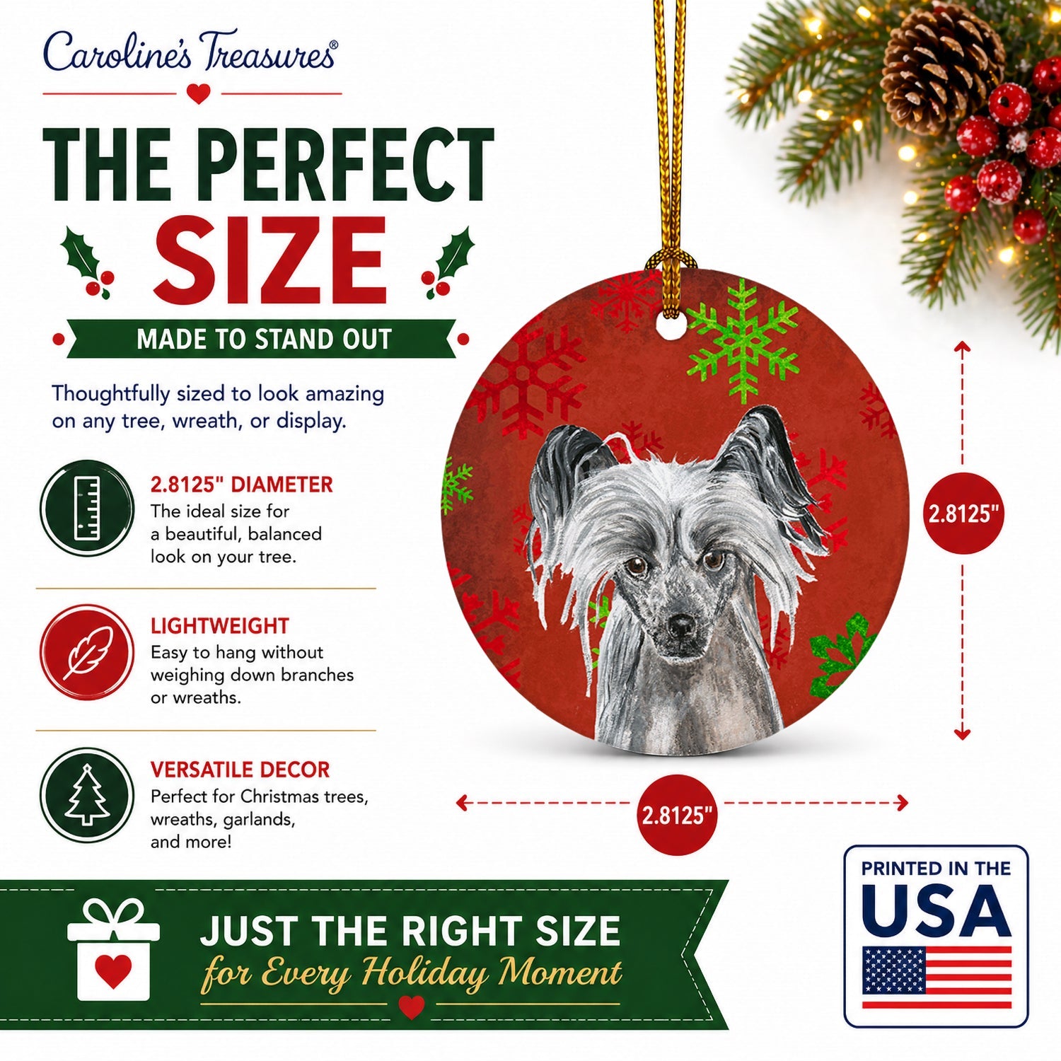Chinese Crested Red Snowflakes Holiday Ceramic Ornament Christmas Tree Hanging Decorations for Home Christmas Holiday, Party, Gift, 3 in, Multicolor
