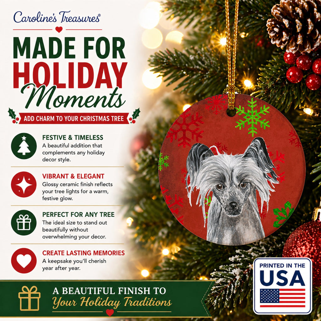 Chinese Crested Red Snowflakes Holiday Ceramic Ornament Christmas Tree Hanging Decorations for Home Christmas Holiday, Party, Gift, 3 in, Multicolor