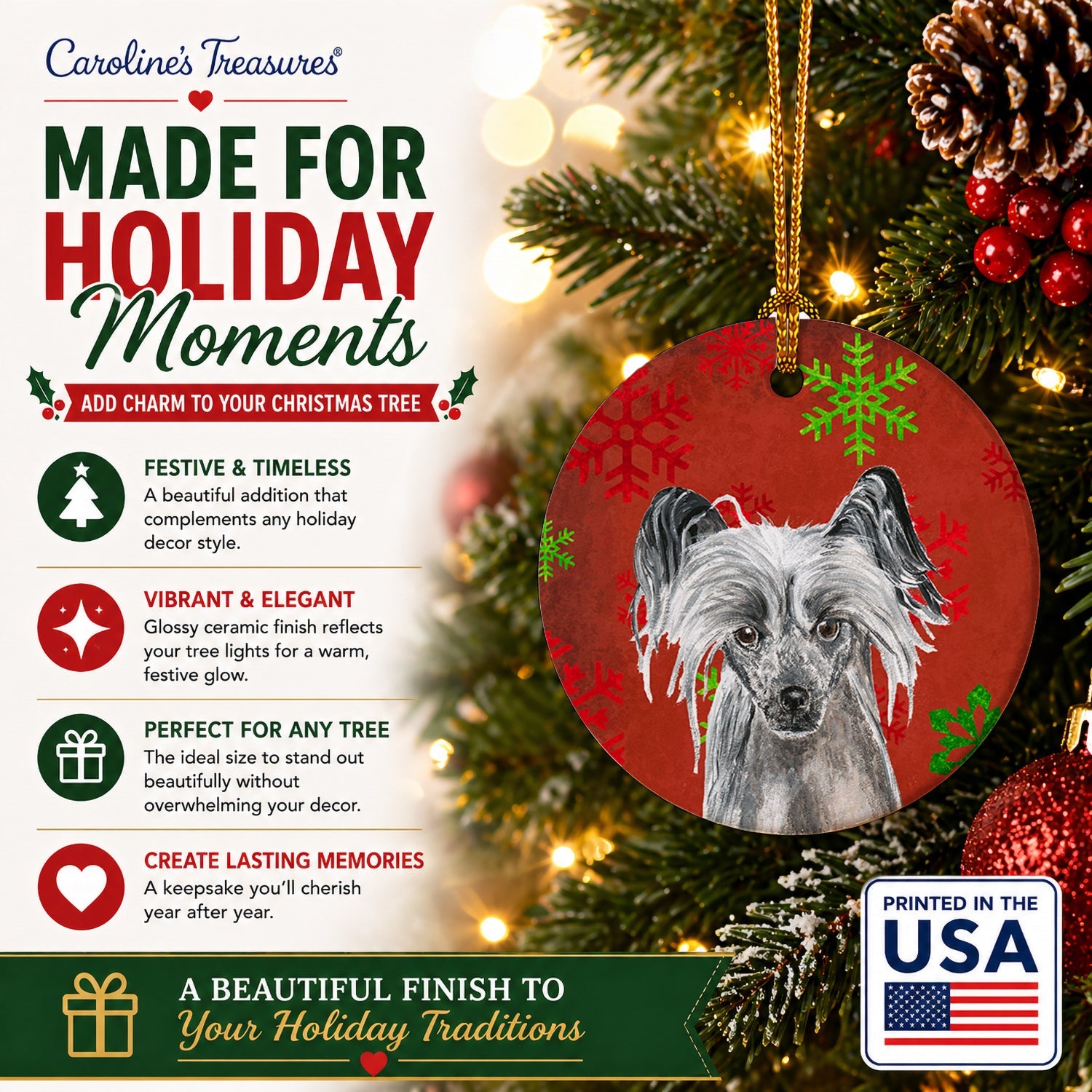 Chinese Crested Red Snowflakes Holiday Ceramic Ornament Christmas Tree Hanging Decorations for Home Christmas Holiday, Party, Gift, 3 in, Multicolor