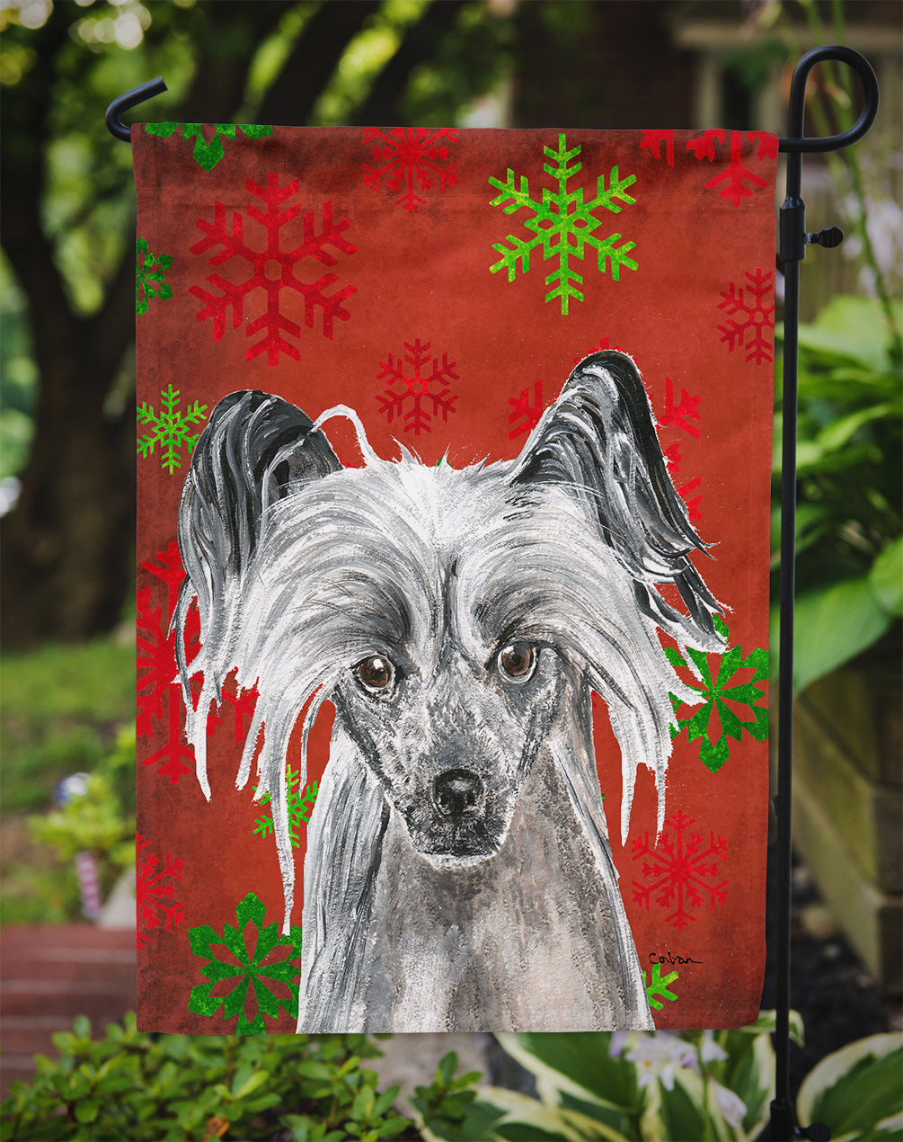 Chinese Crested Red Snowflakes Holiday Garden Flag Mailbox Decorative Yard Banner Outside Patio Artwork for Flower Beds, Garden Size, Multicolor