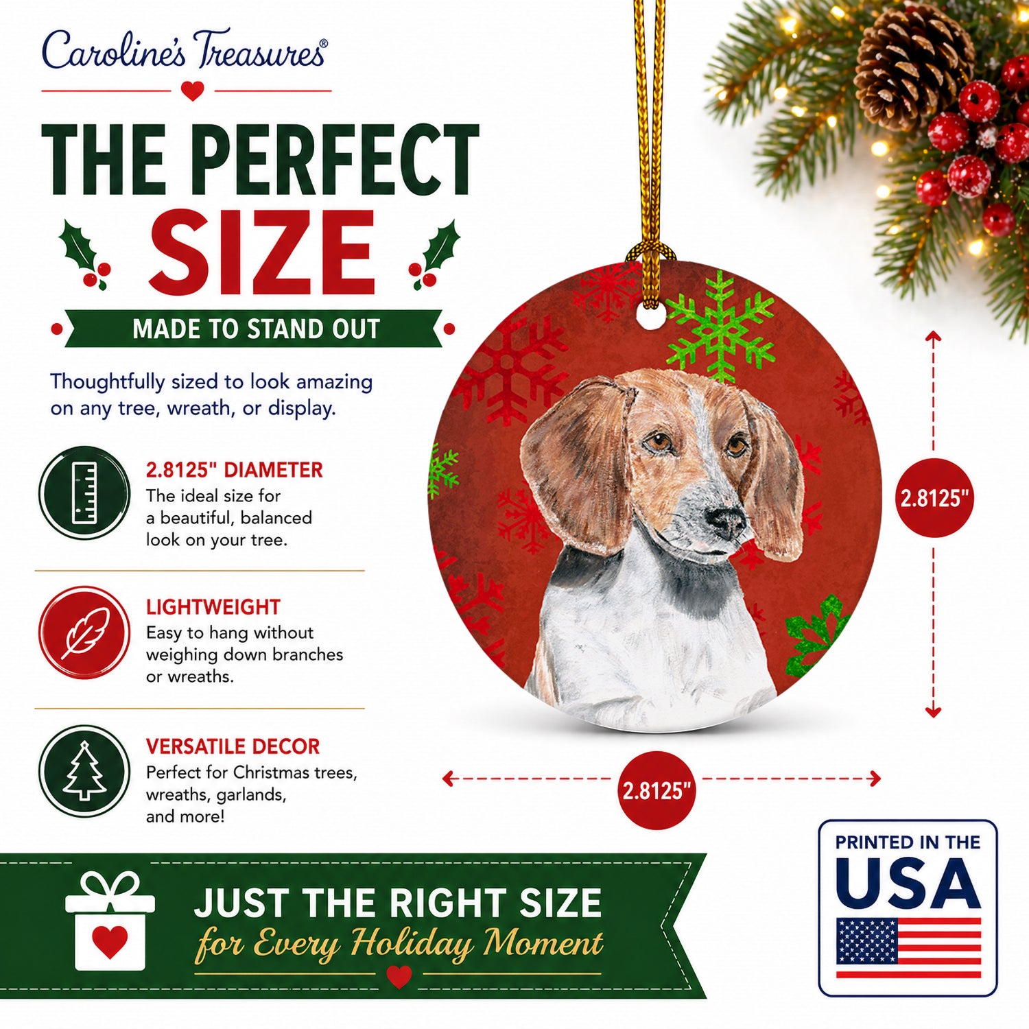 English Foxhound Red Snowflakes Holiday Ceramic Ornament Christmas Tree Hanging Decorations for Home Christmas Holiday, Party, Gift, 3 in, Multicolor