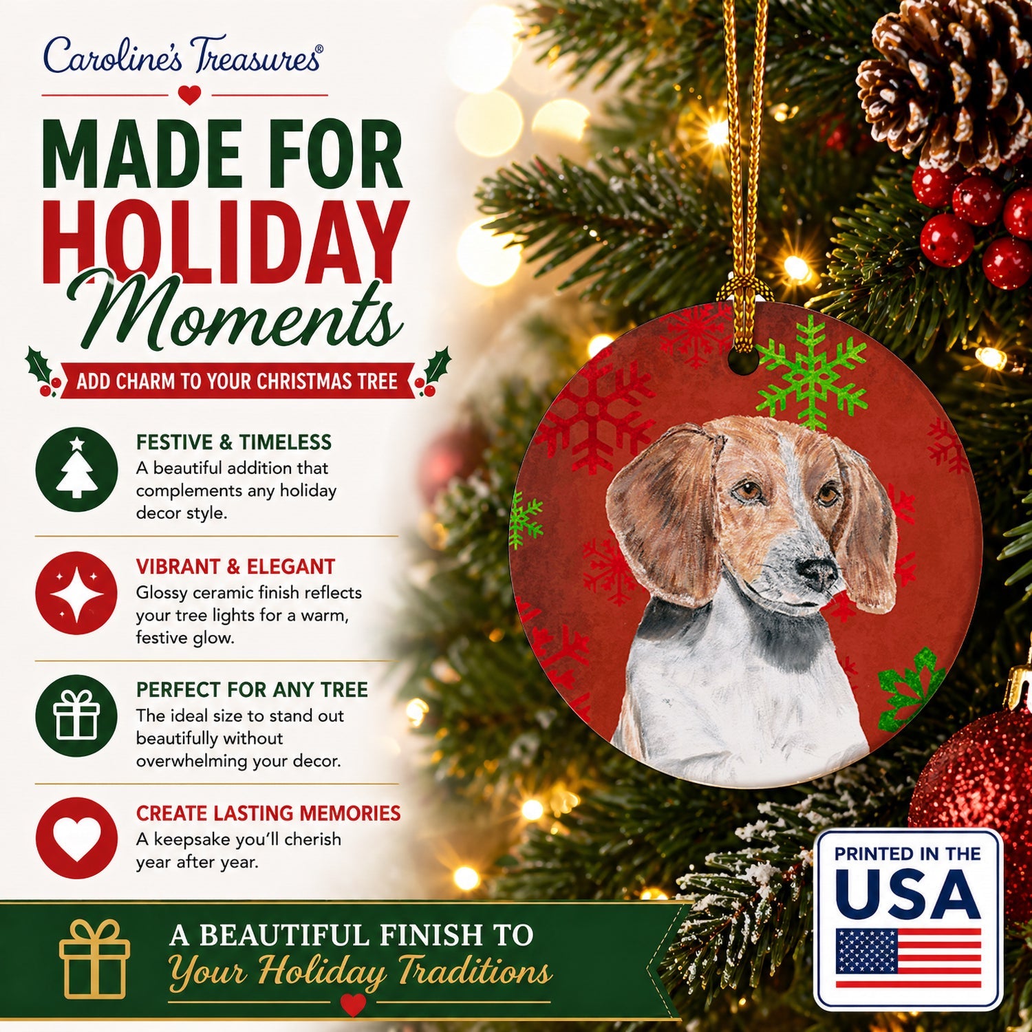 English Foxhound Red Snowflakes Holiday Ceramic Ornament Christmas Tree Hanging Decorations for Home Christmas Holiday, Party, Gift, 3 in, Multicolor