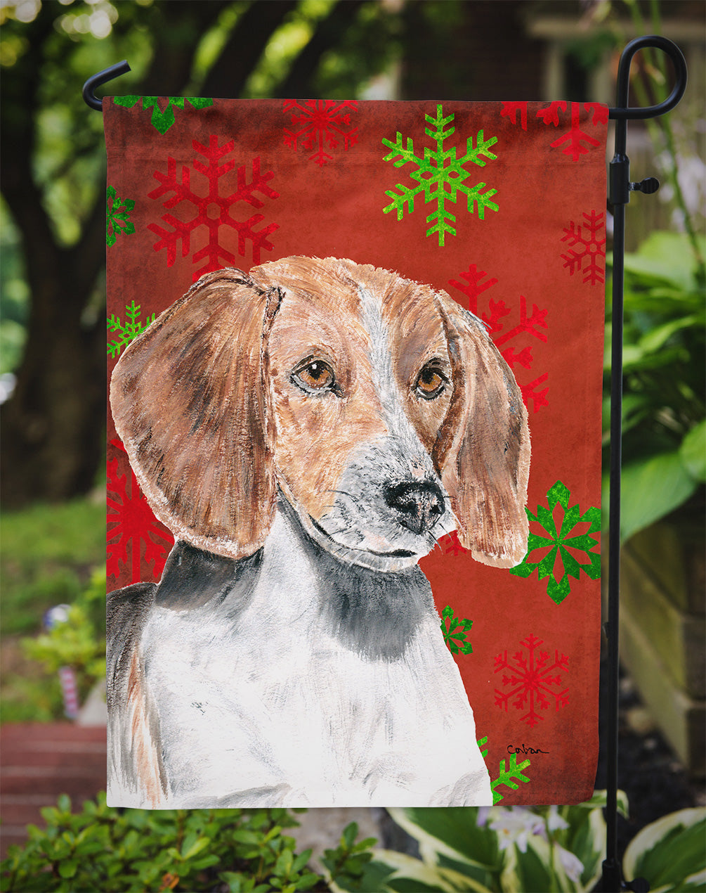 English Foxhound Red Snowflakes Holiday Garden Flag Mailbox Decorative Yard Banner Outside Patio Artwork for Flower Beds, Garden Size, Multicolor