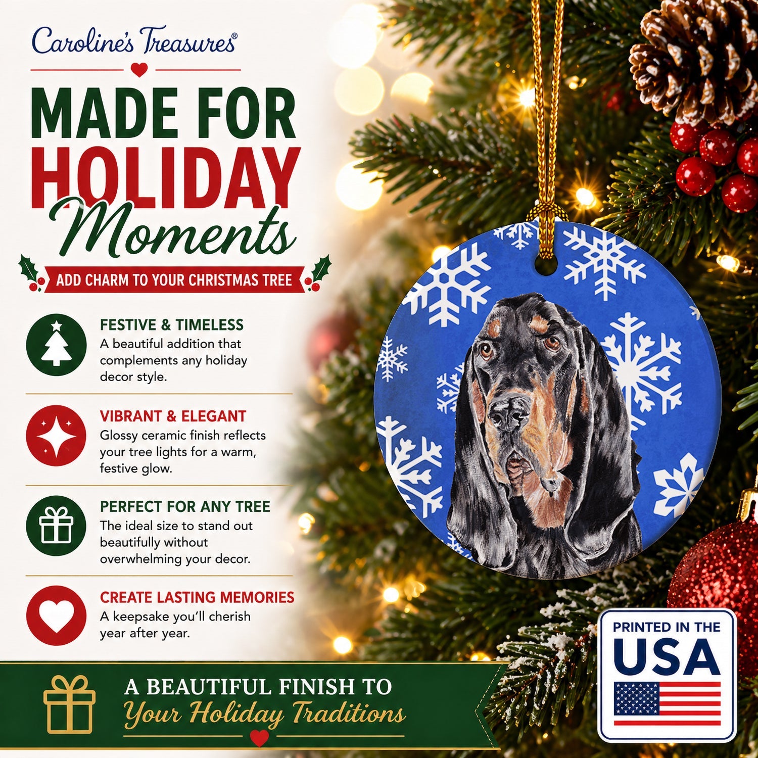Black and Tan Coonhound Winter Snowflakes Ceramic Ornament Christmas Tree Hanging Decorations for Home Christmas Holiday, Party, Gift, 3 in, Multicolor