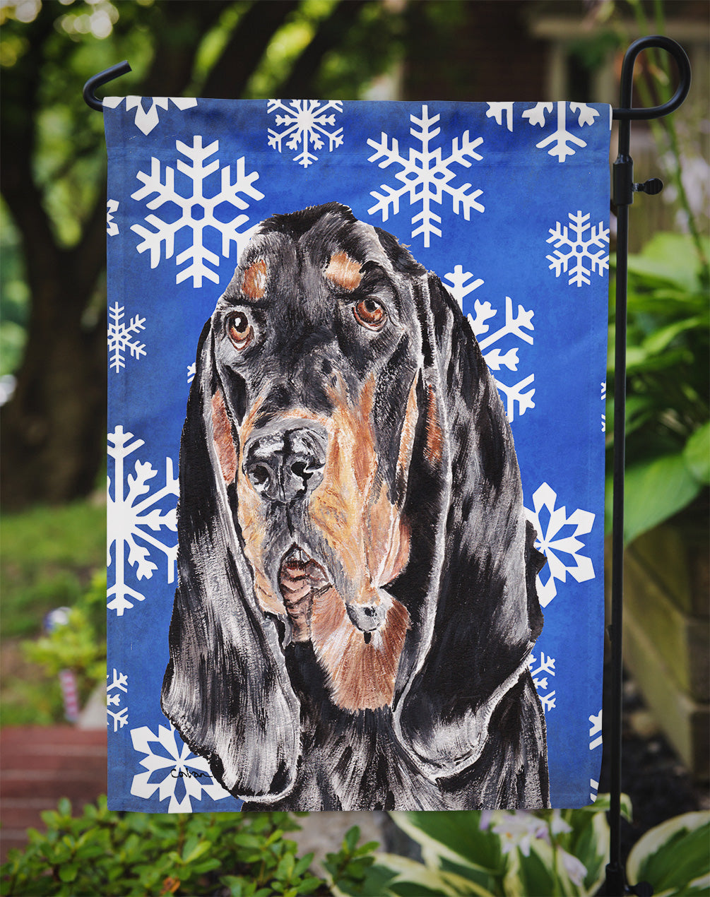 Black and Tan Coonhound Winter Snowflakes Garden Flag Mailbox Decorative Yard Banner Outside Patio Artwork for Flower Beds, Garden Size, Multicolor