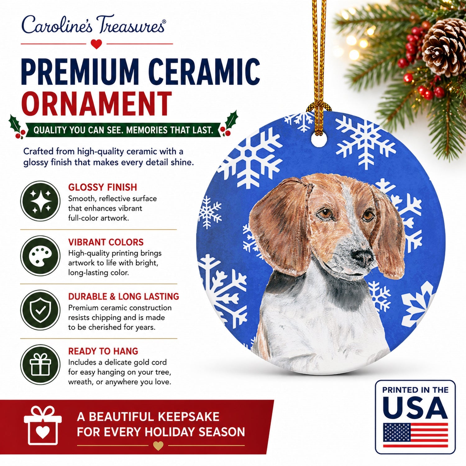 English Foxhound Winter Snowflakes Ceramic Ornament Christmas Tree Hanging Decorations for Home Christmas Holiday, Party, Gift, 3 in, Multicolor