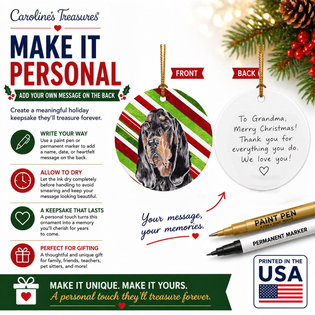 Black and Tan Coonhound Candy Cane Christmas Ceramic Ornament Christmas Tree Hanging Decorations for Home Christmas Holiday, Party, Gift, 3 in, Multicolor