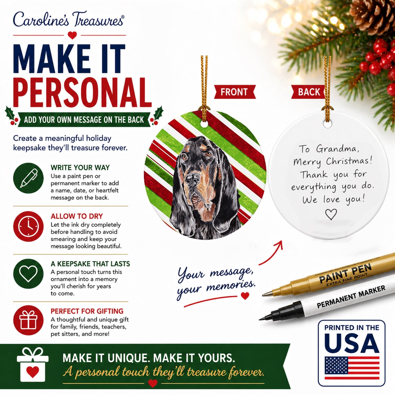 Black and Tan Coonhound Candy Cane Christmas Ceramic Ornament Christmas Tree Hanging Decorations for Home Christmas Holiday, Party, Gift, 3 in, Multicolor