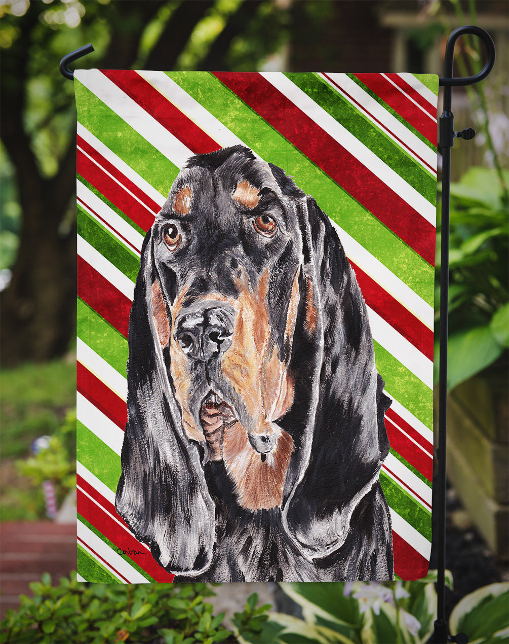 Black and Tan Coonhound Candy Cane Christmas Garden Flag Mailbox Decorative Yard Banner Outside Patio Artwork for Flower Beds, Garden Size, Multicolor