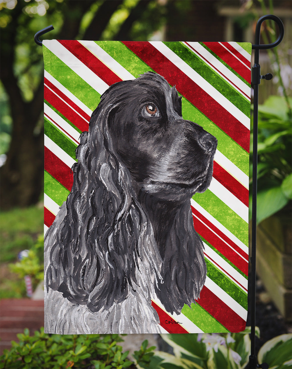 Black Cocker Spaniel Candy Cane Christmas Garden Flag Mailbox Decorative Yard Banner Outside Patio Artwork for Flower Beds, Garden Size, Multicolor