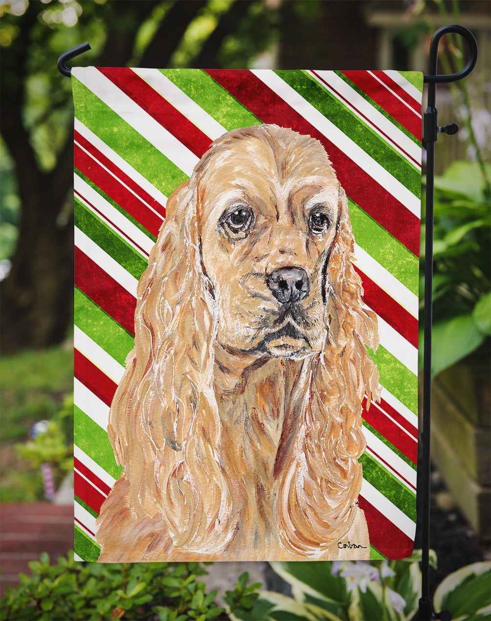 Buff Cocker Spaniel Candy Cane Christmas Garden Flag Mailbox Decorative Yard Banner Outside Patio Artwork for Flower Beds, Garden Size, Multicolor