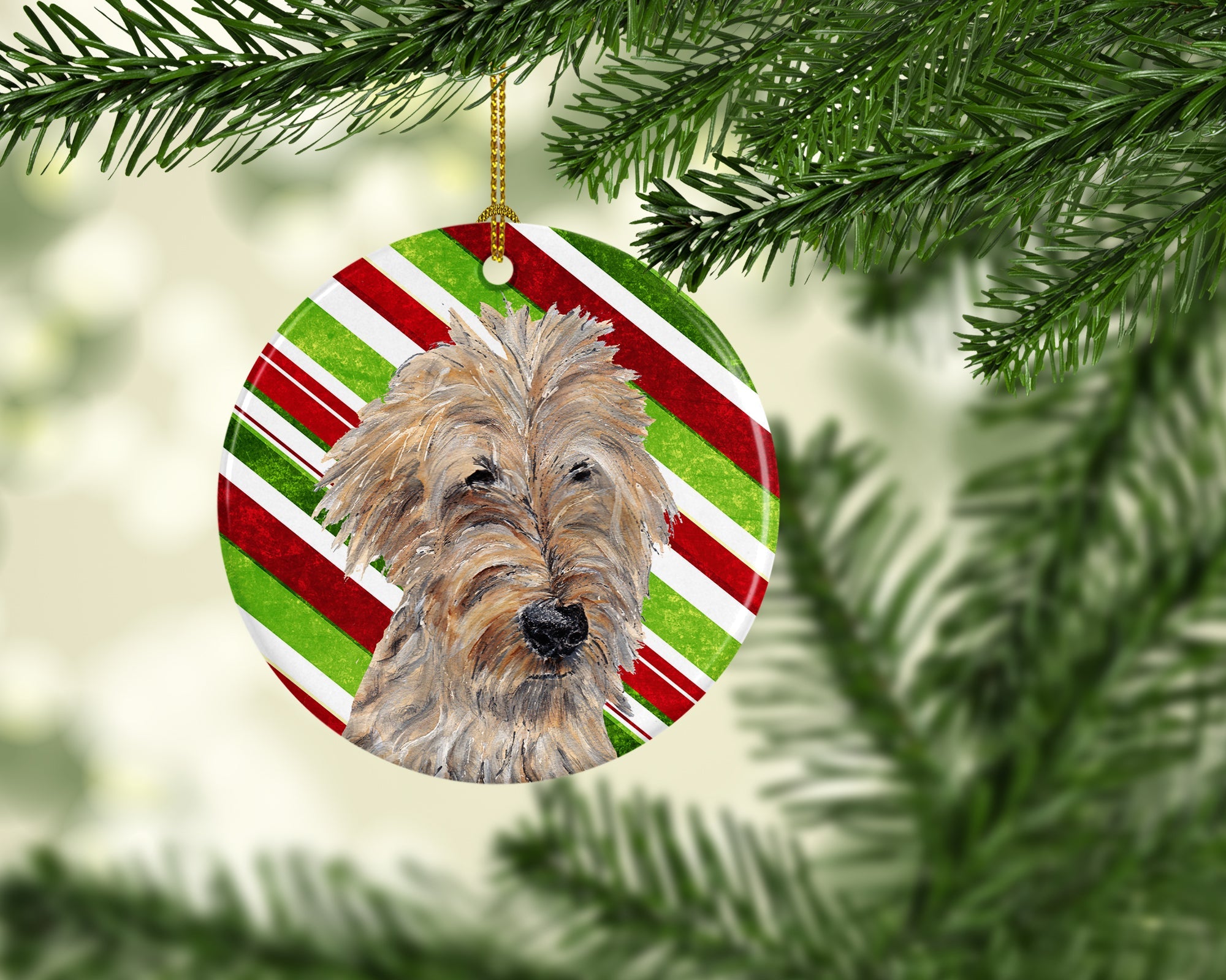 Golden Doodle Candy Cane Christmas Ceramic Ornament Christmas Tree Hanging Decorations for Home Christmas Holiday, Party, Gift, 3 in, Multicolor