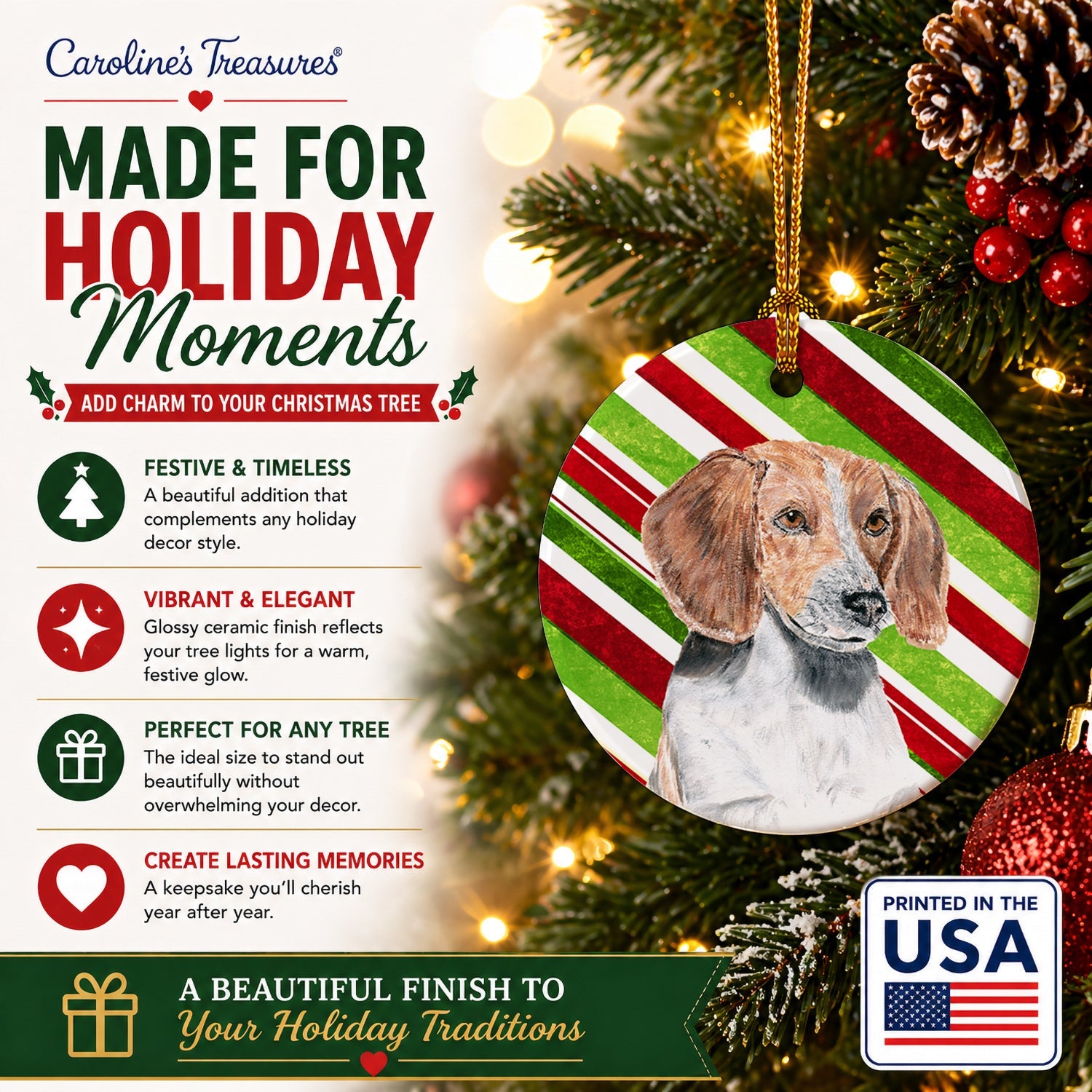 English Foxhound Candy Cane Christmas Ceramic Ornament Christmas Tree Hanging Decorations for Home Christmas Holiday, Party, Gift, 3 in, Multicolor
