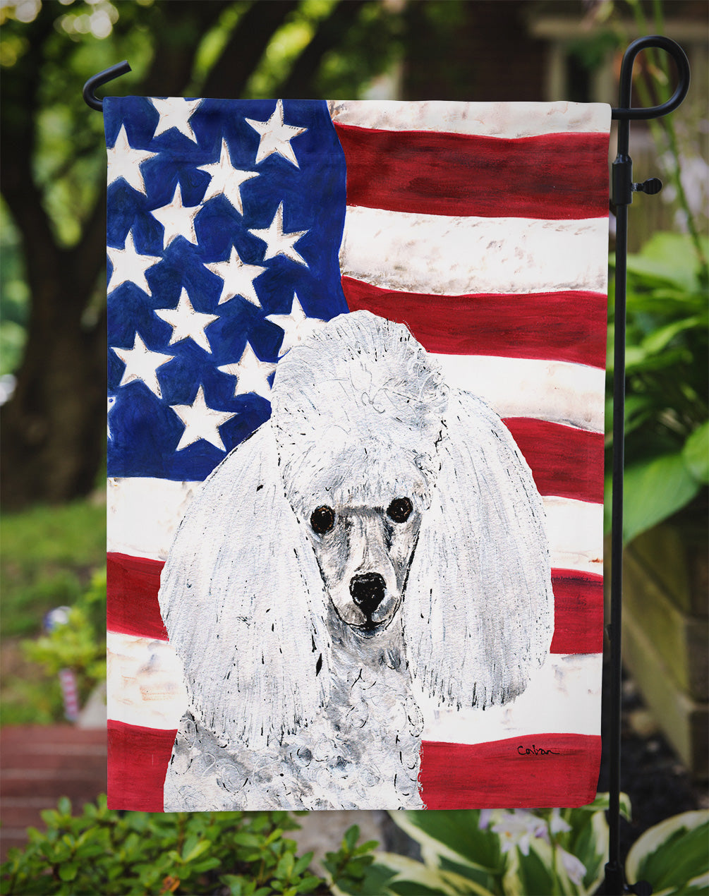White Toy Poodle with American Flag USA Garden Flag Mailbox Decorative Yard Banner Outside Patio Artwork for Flower Beds, Garden Size, Multicolor
