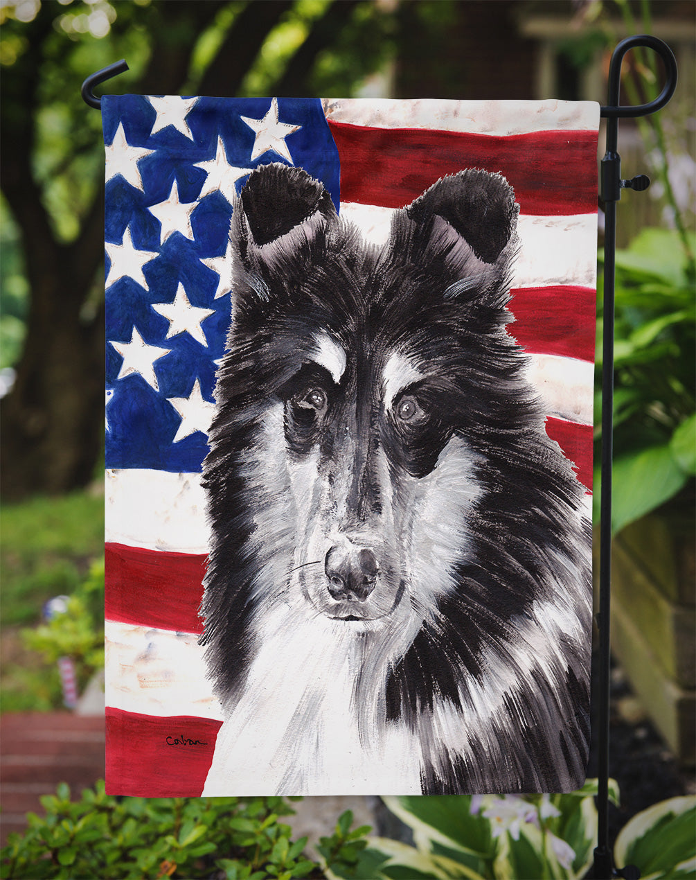 Black and White Collie with American Flag USA Garden Flag Mailbox Decorative Yard Banner Outside Patio Artwork for Flower Beds, Garden Size, Multicolor