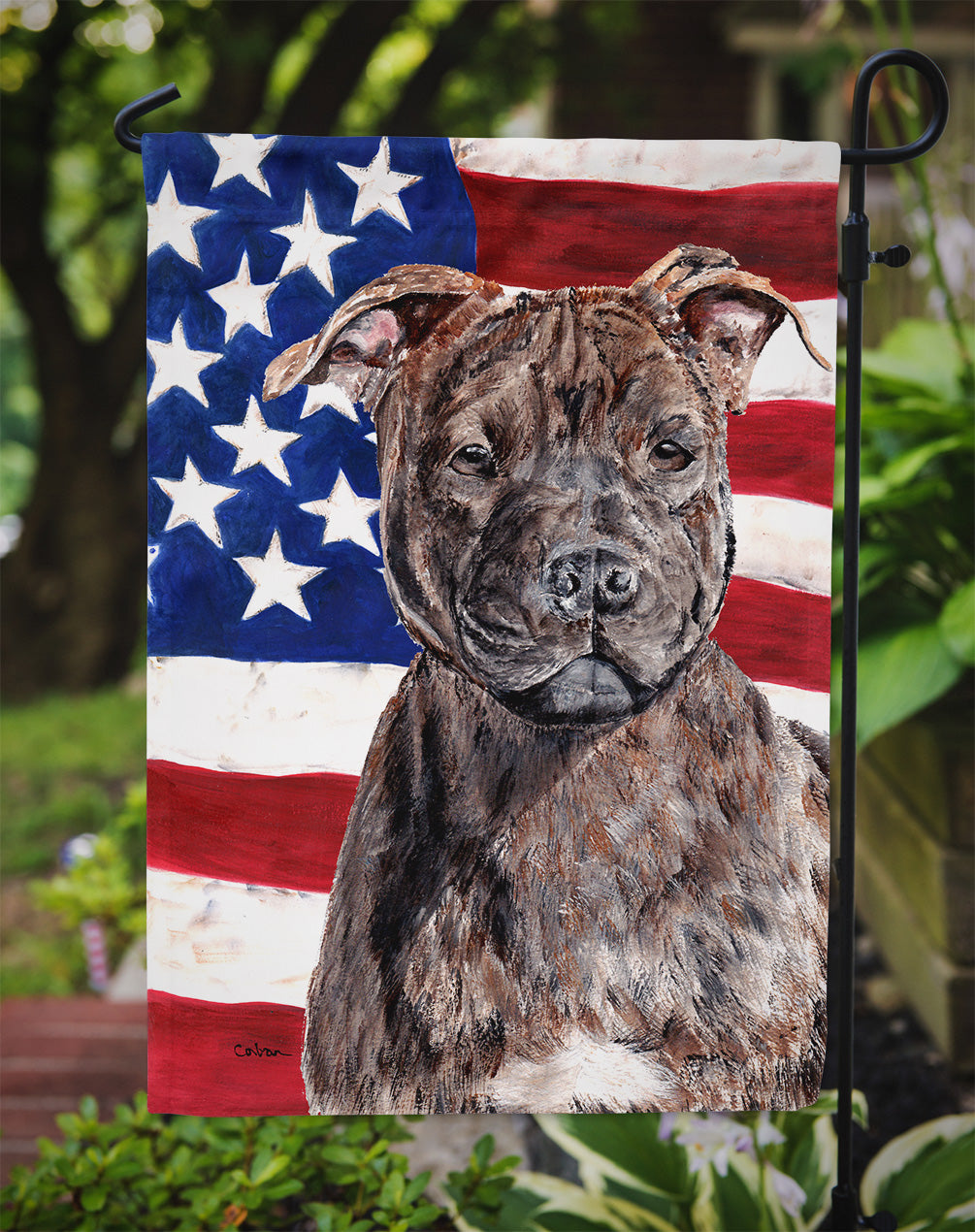 Staffordshire Bull Terrier Staffie with American Flag USA Garden Flag Mailbox Decorative Yard Banner Outside Patio Artwork for Flower Beds, Garden Size, Multicolor