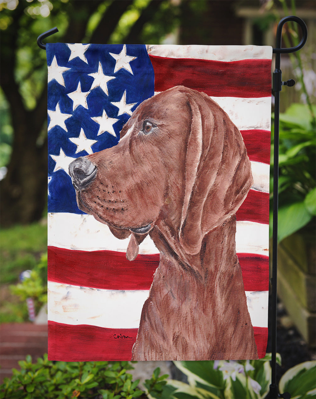Redbone Coonhound with American Flag USA Garden Flag Mailbox Decorative Yard Banner Outside Patio Artwork for Flower Beds, Garden Size, Multicolor