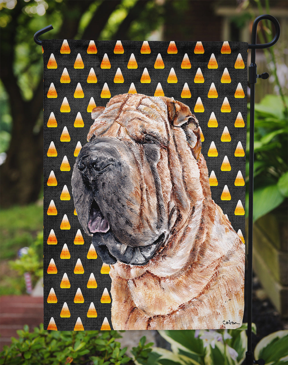 Shar Pei Candy Corn Halloween Garden Flag Mailbox Decorative Yard Banner Outside Patio Artwork for Flower Beds, Garden Size, Multicolor