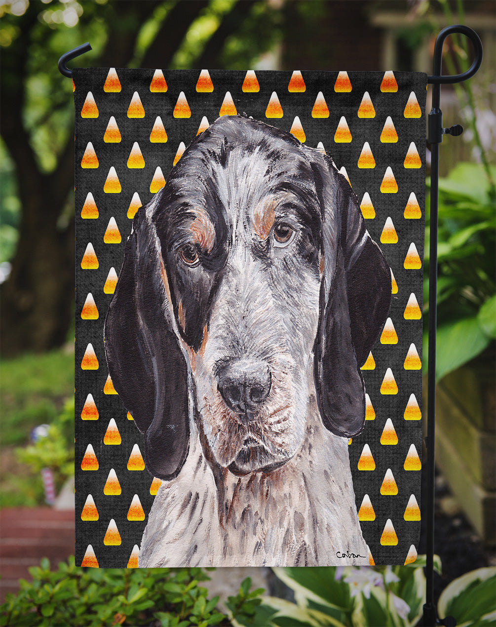 Blue Tick Coonhound Candy Corn Halloween Garden Flag Mailbox Decorative Yard Banner Outside Patio Artwork for Flower Beds, Garden Size, Multicolor