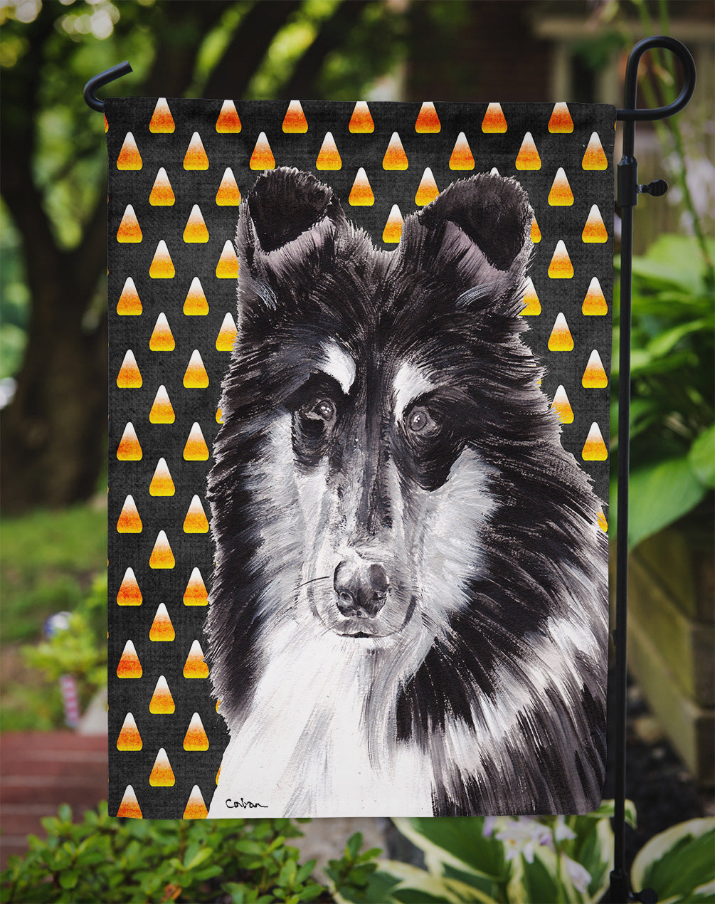 Black and White Collie Candy Corn Halloween Garden Flag Mailbox Decorative Yard Banner Outside Patio Artwork for Flower Beds, Garden Size, Multicolor