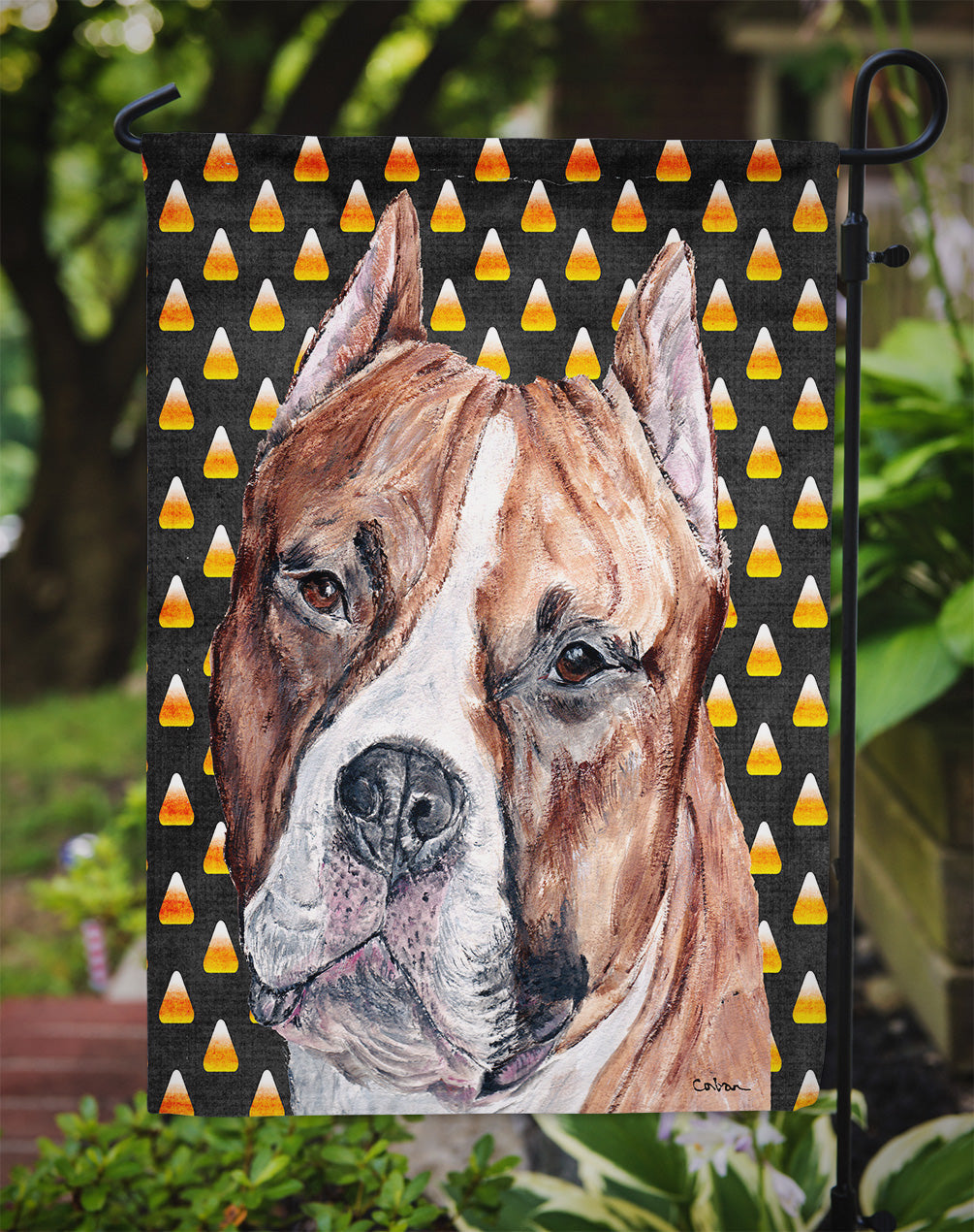 Staffordshire Bull Terrier Staffie Candy Corn Halloween Garden Flag Mailbox Decorative Yard Banner Outside Patio Artwork for Flower Beds, Garden Size, Multicolor