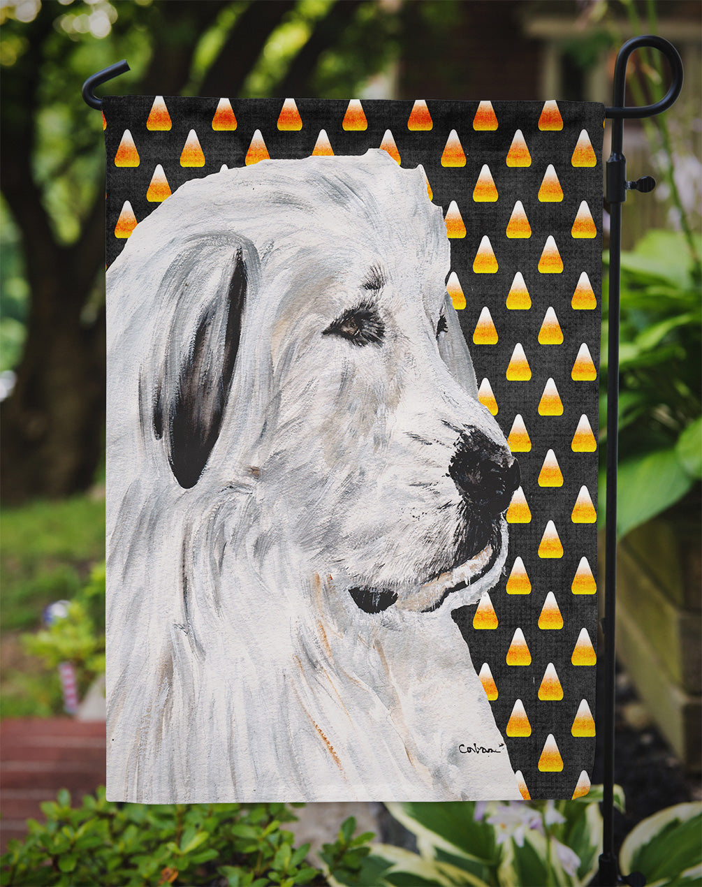 Great Pyrenees Candy Corn Halloween Garden Flag Mailbox Decorative Yard Banner Outside Patio Artwork for Flower Beds, Garden Size, Multicolor
