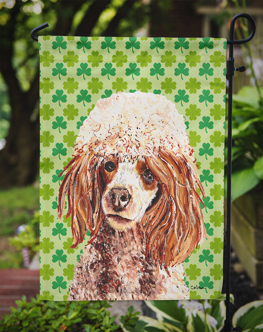 Red Miniature Poodle Lucky Shamrock St. Patrick's Day Garden Flag Mailbox Decorative Yard Banner Outside Patio Artwork for Flower Beds, Garden Size, Multicolor