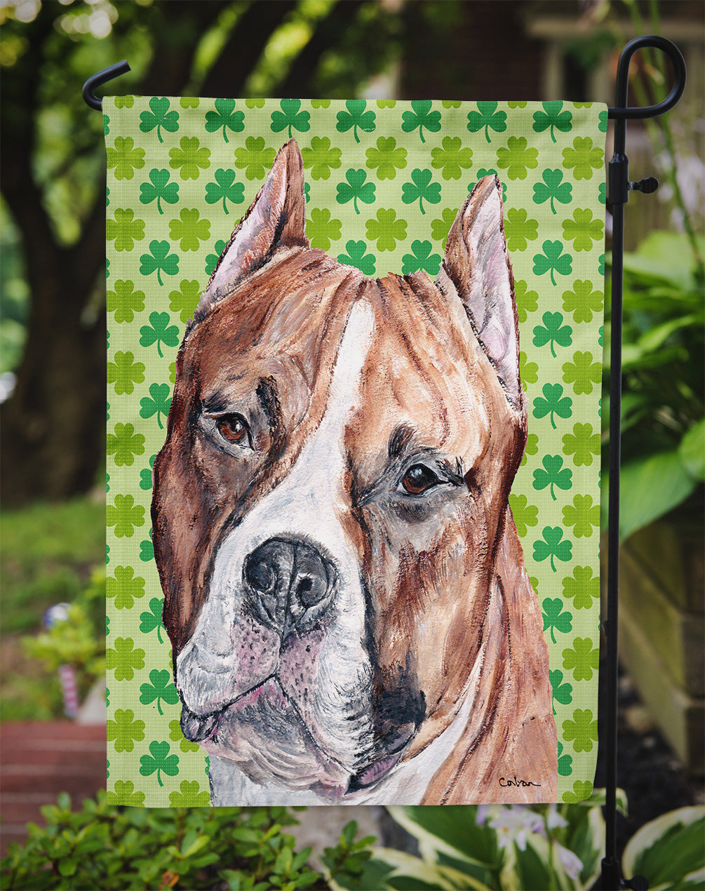 Staffordshire Bull Terrier Staffie Lucky Shamrock St. Patrick's Day Garden Flag Mailbox Decorative Yard Banner Outside Patio Artwork for Flower Beds, Garden Size, Multicolor