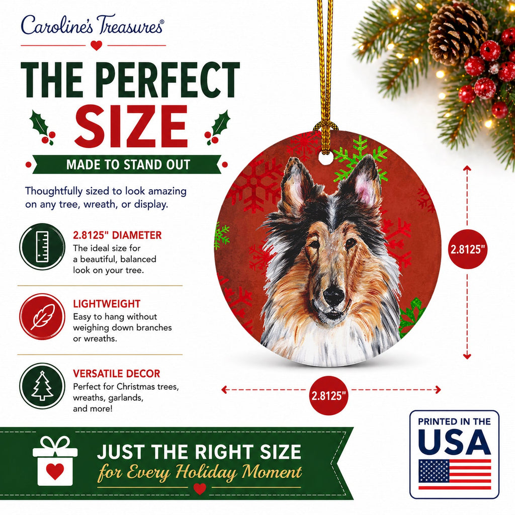 Collie Red Snowflakes Holiday Ceramic Ornament Christmas Tree Hanging Decorations for Home Christmas Holiday, Party, Gift, 3 in, Multicolor