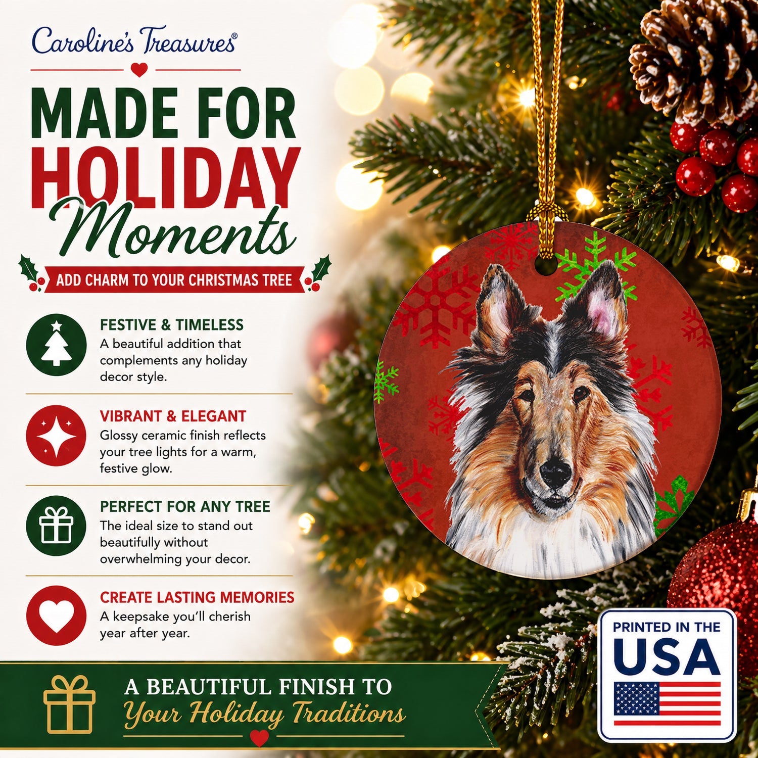 Collie Red Snowflakes Holiday Ceramic Ornament Christmas Tree Hanging Decorations for Home Christmas Holiday, Party, Gift, 3 in, Multicolor