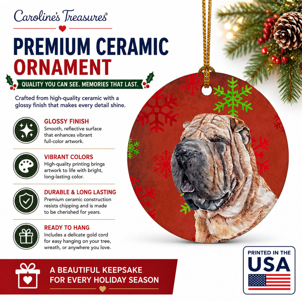 Shar Pei Red Snowflakes Holiday Ceramic Ornament Christmas Tree Hanging Decorations for Home Christmas Holiday, Party, Gift, 3 in, Multicolor