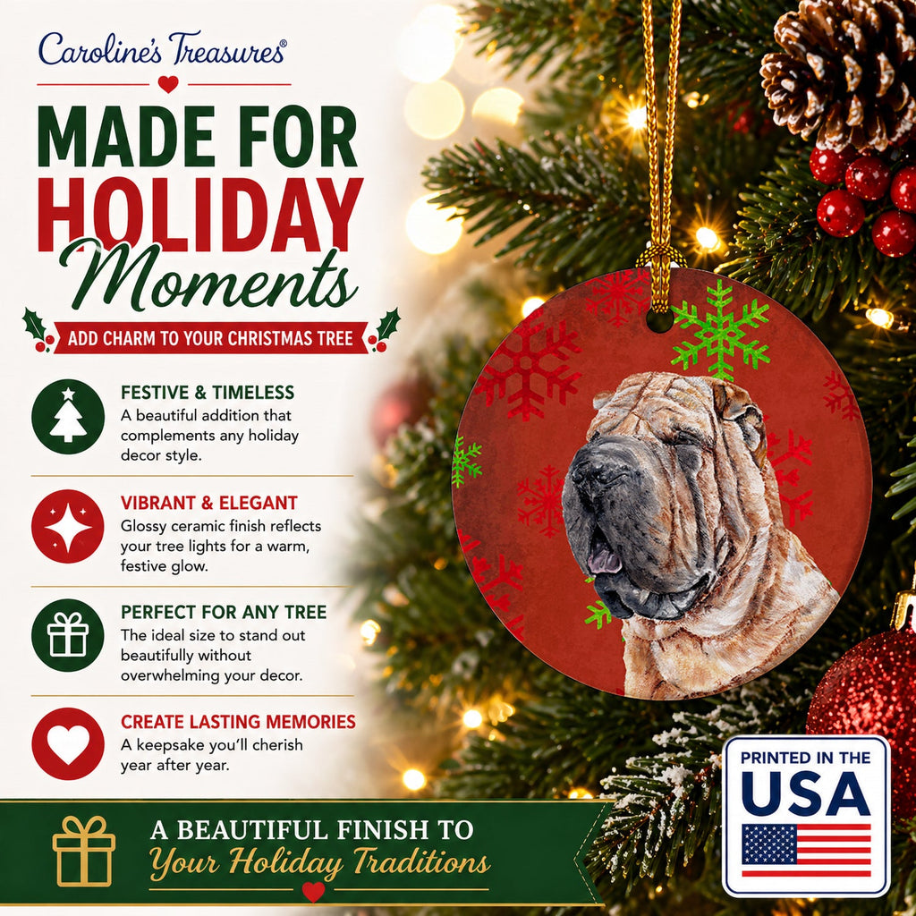 Shar Pei Red Snowflakes Holiday Ceramic Ornament Christmas Tree Hanging Decorations for Home Christmas Holiday, Party, Gift, 3 in, Multicolor
