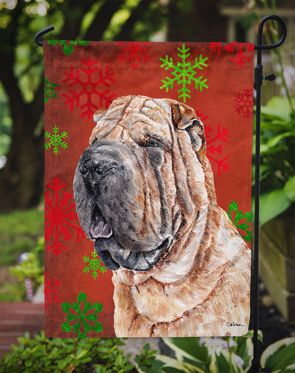 Shar Pei Red Snowflakes Holiday Garden Flag Mailbox Decorative Yard Banner Outside Patio Artwork for Flower Beds, Garden Size, Multicolor
