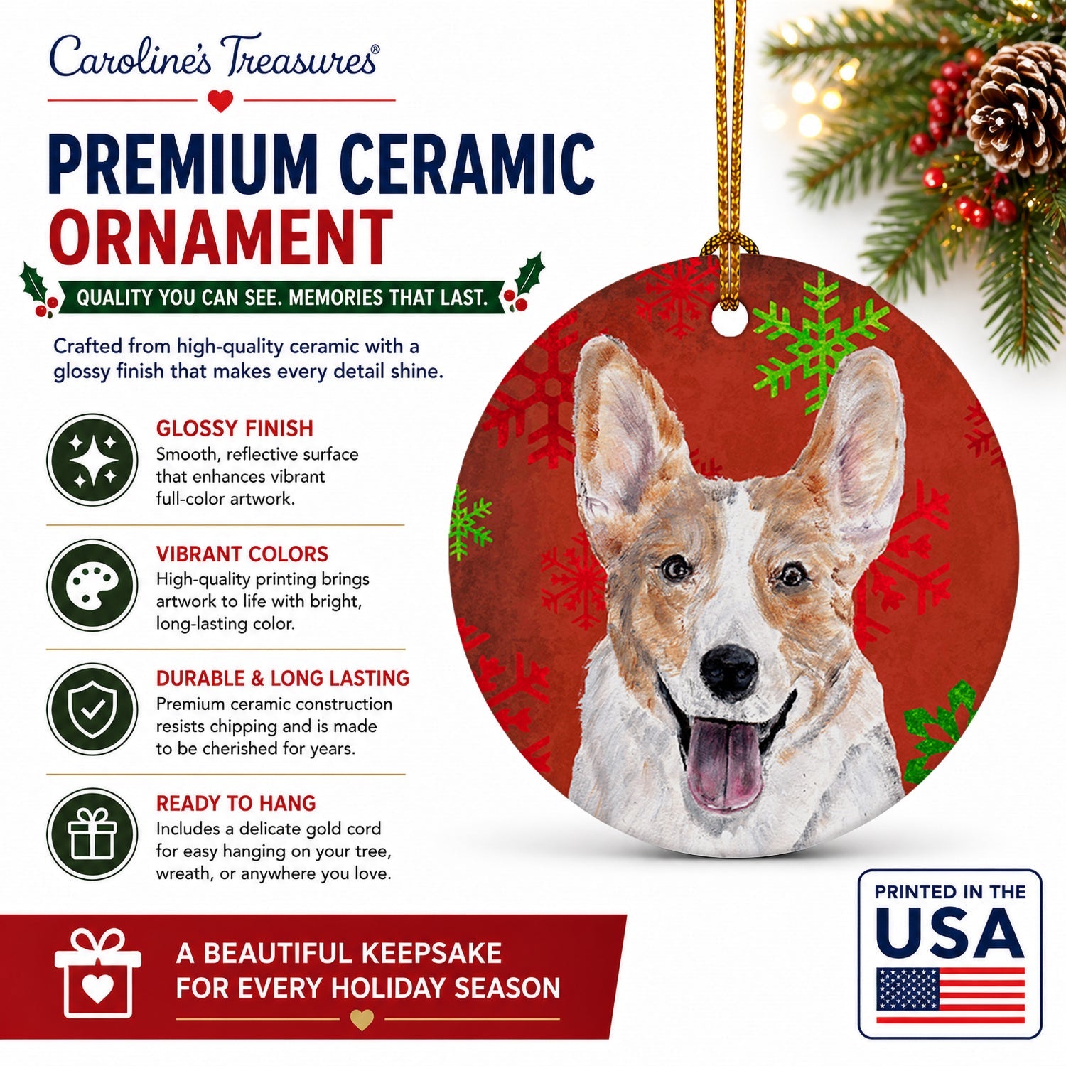 Cardigan Corgi Red Snowflakes Holiday Ceramic Ornament Christmas Tree Hanging Decorations for Home Christmas Holiday, Party, Gift, 3 in, Multicolor