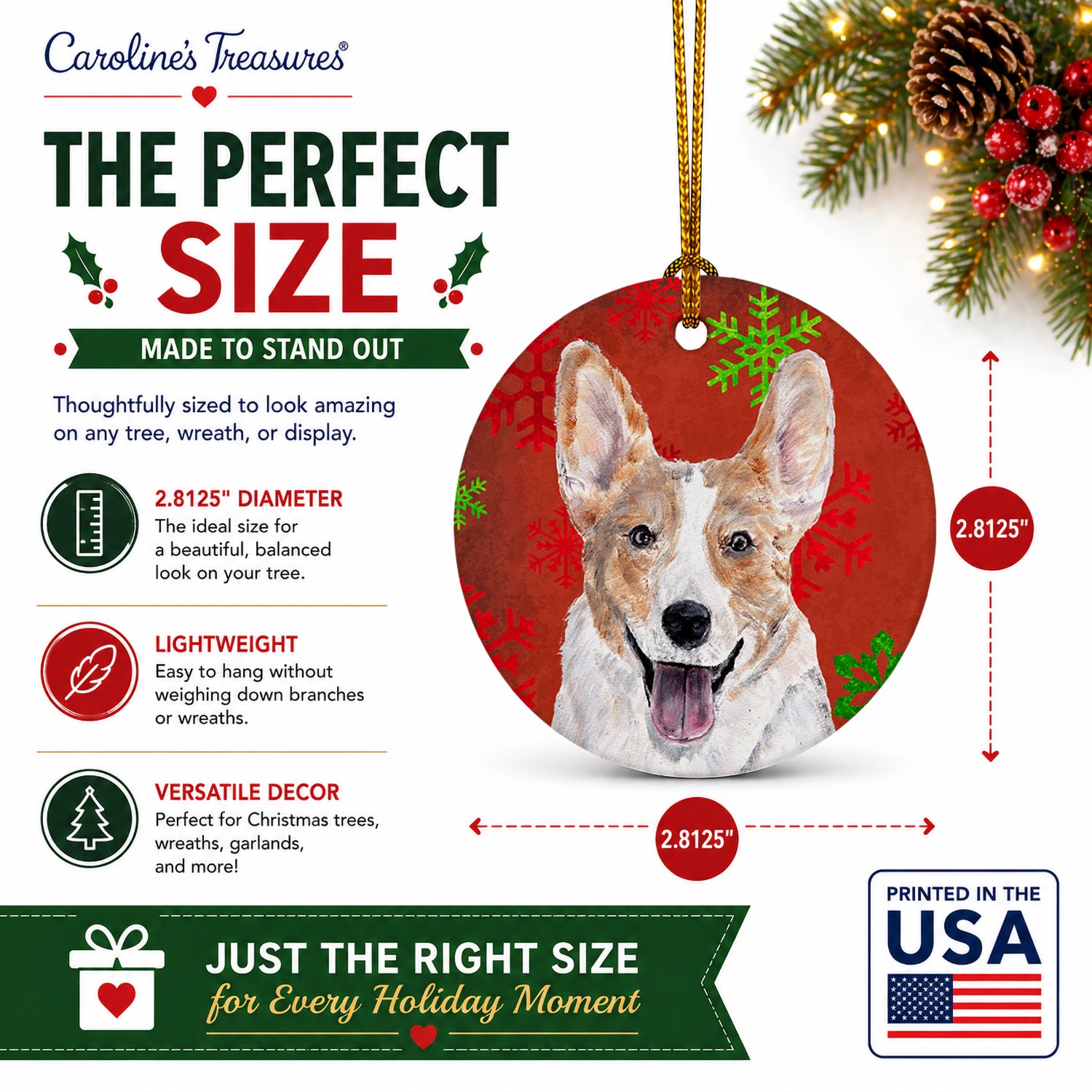 Cardigan Corgi Red Snowflakes Holiday Ceramic Ornament Christmas Tree Hanging Decorations for Home Christmas Holiday, Party, Gift, 3 in, Multicolor