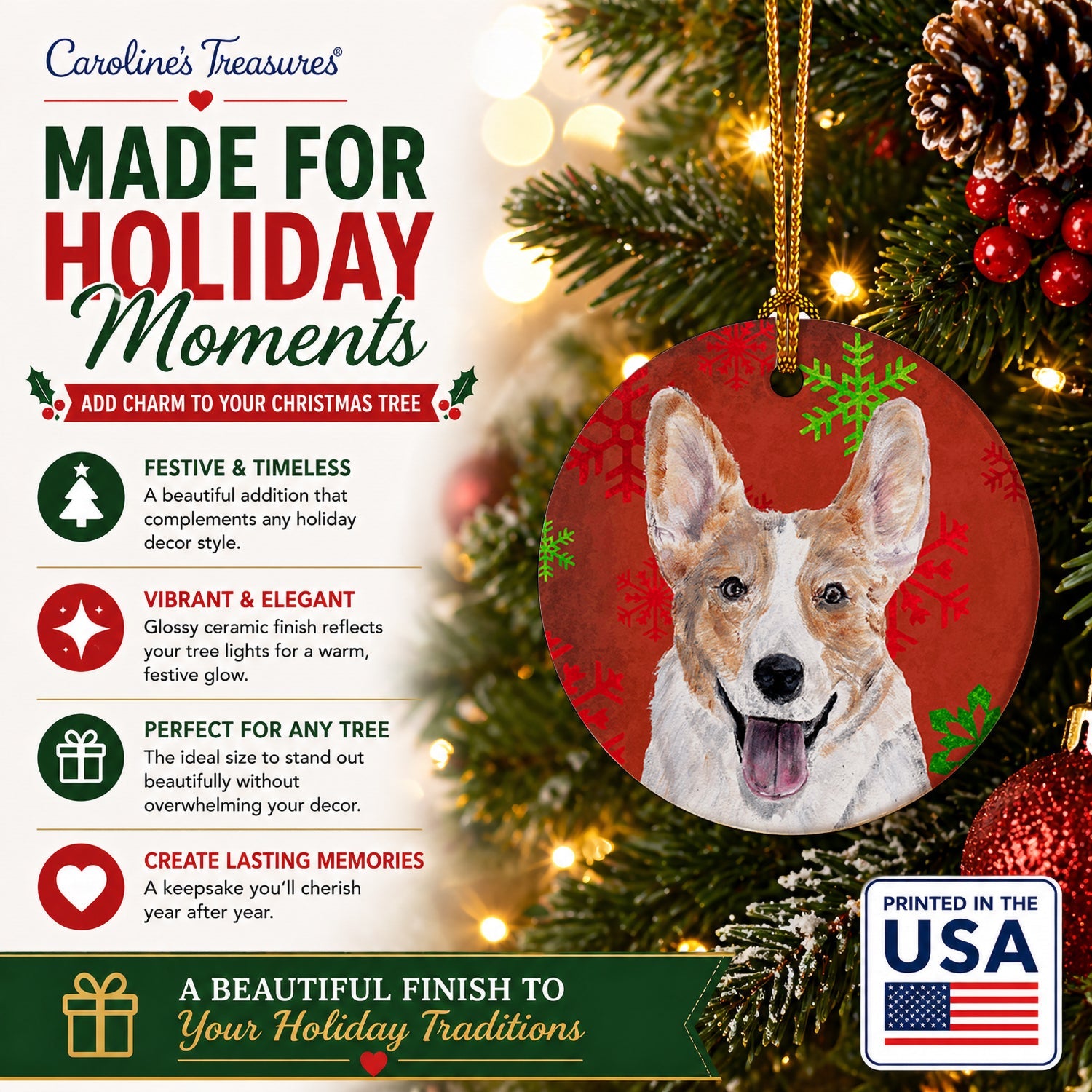 Cardigan Corgi Red Snowflakes Holiday Ceramic Ornament Christmas Tree Hanging Decorations for Home Christmas Holiday, Party, Gift, 3 in, Multicolor