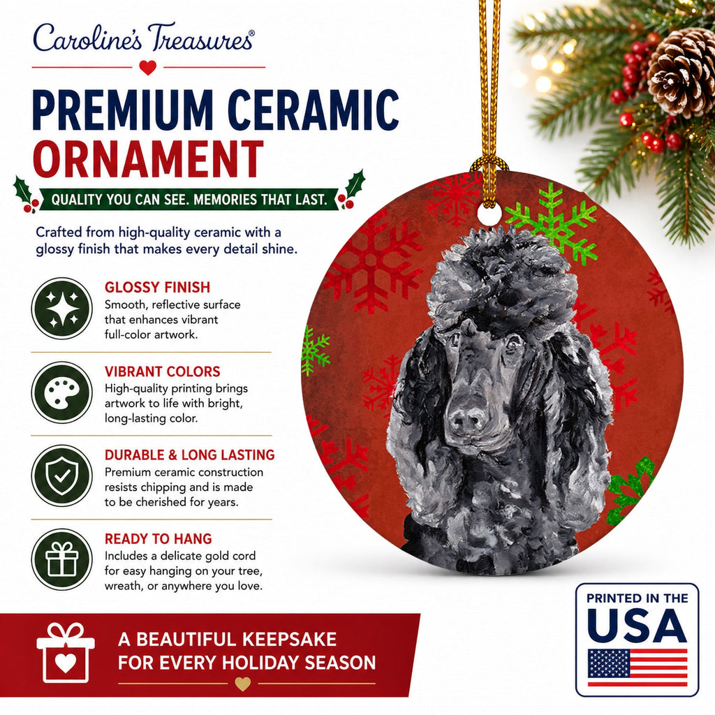 Black Standard Poodle Red Snowflakes Holiday Ceramic Ornament Christmas Tree Hanging Decorations for Home Christmas Holiday, Party, Gift, 3 in, Multicolor