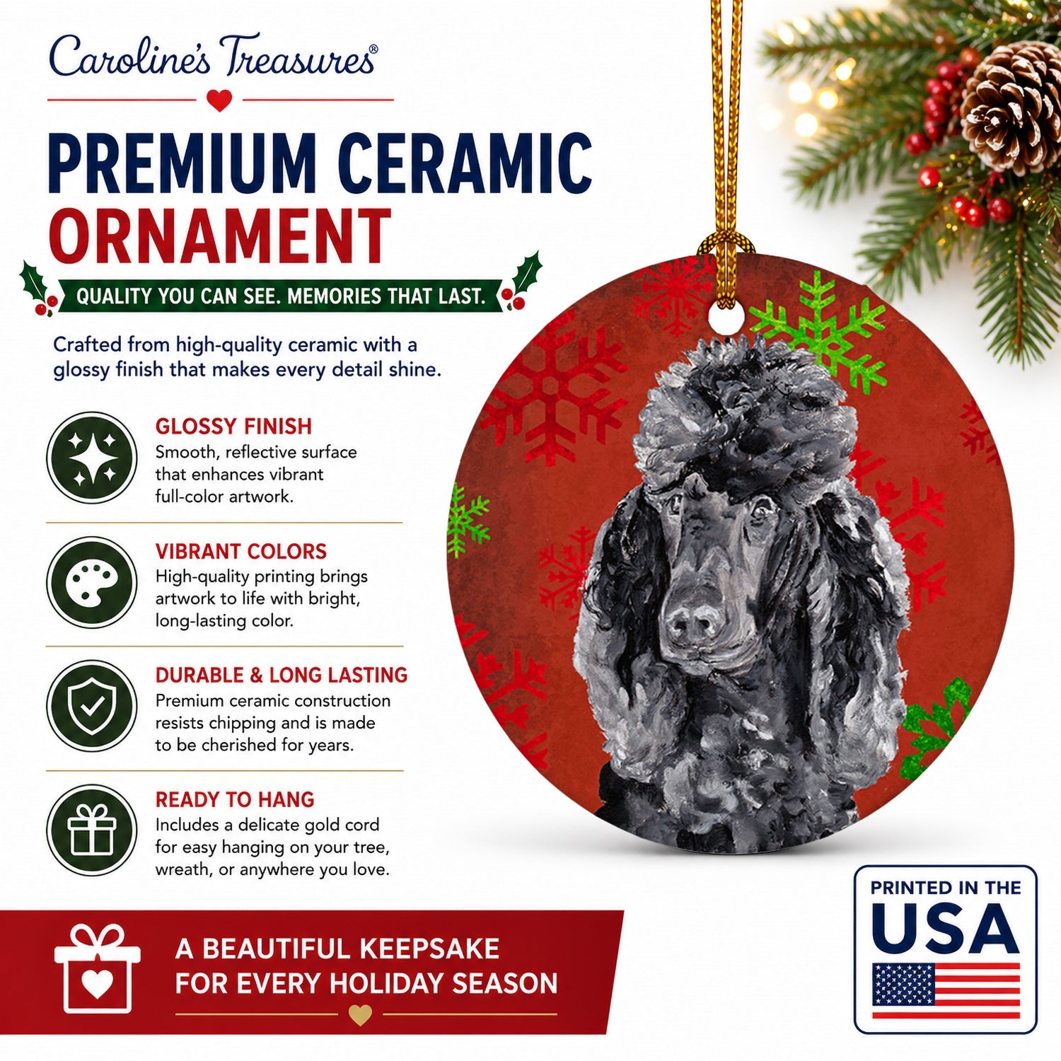 Black Standard Poodle Red Snowflakes Holiday Ceramic Ornament Christmas Tree Hanging Decorations for Home Christmas Holiday, Party, Gift, 3 in, Multicolor