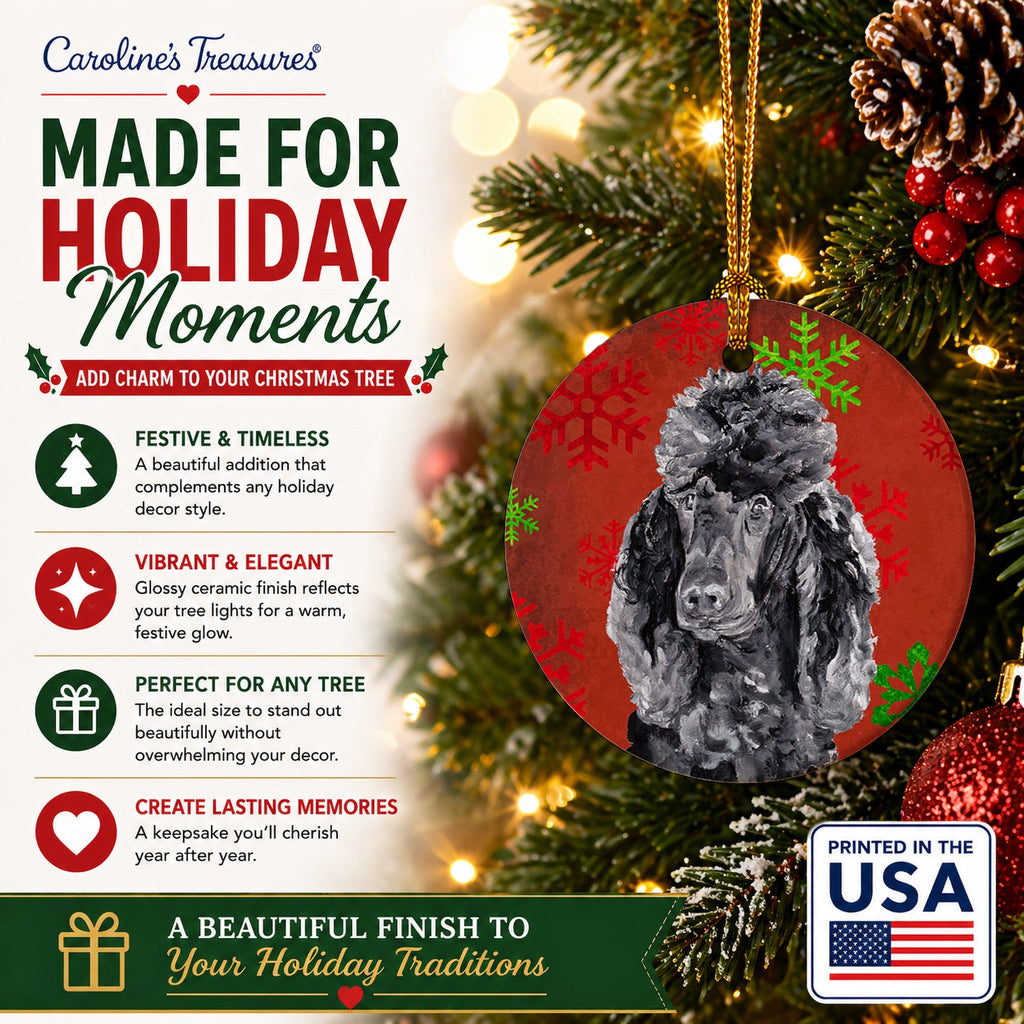 Black Standard Poodle Red Snowflakes Holiday Ceramic Ornament Christmas Tree Hanging Decorations for Home Christmas Holiday, Party, Gift, 3 in, Multicolor