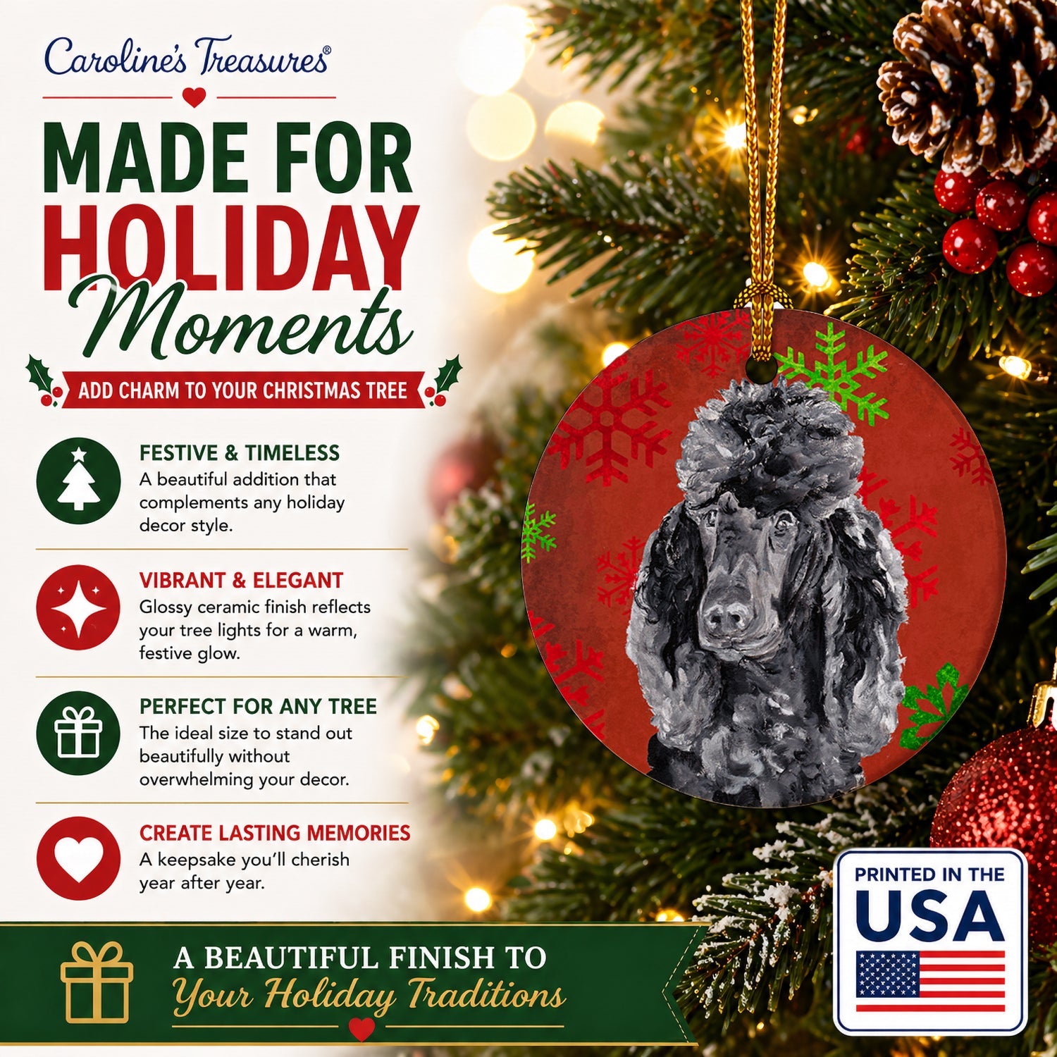 Black Standard Poodle Red Snowflakes Holiday Ceramic Ornament Christmas Tree Hanging Decorations for Home Christmas Holiday, Party, Gift, 3 in, Multicolor