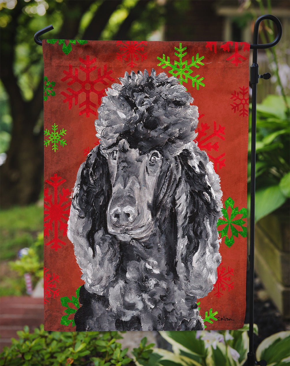 Black Standard Poodle Red Snowflakes Holiday Garden Flag Mailbox Decorative Yard Banner Outside Patio Artwork for Flower Beds, Garden Size, Multicolor