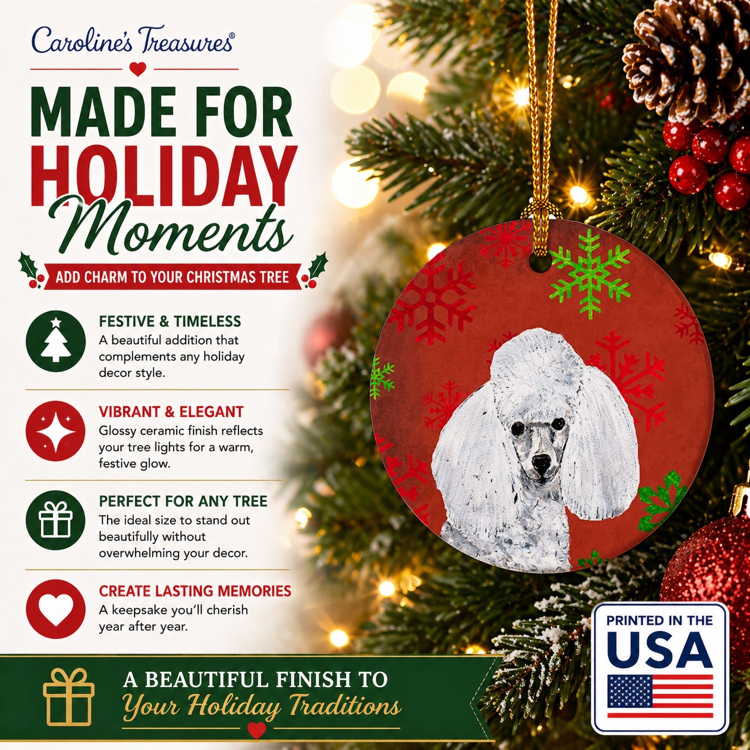 White Toy Poodle Red Snowflakes Holiday Ceramic Ornament Christmas Tree Hanging Decorations for Home Christmas Holiday, Party, Gift, 3 in, Multicolor