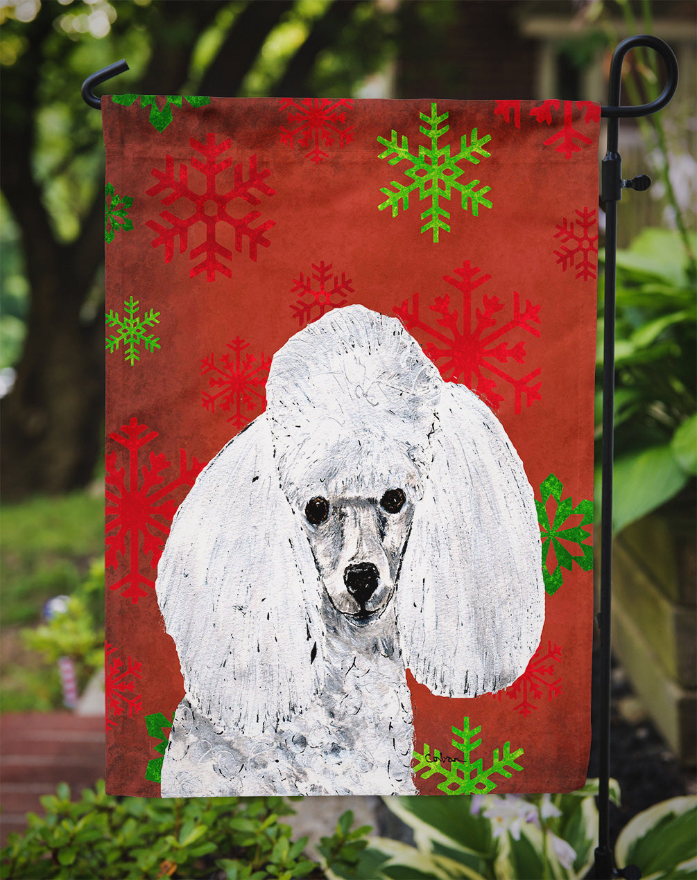 White Toy Poodle Red Snowflakes Holiday Garden Flag Mailbox Decorative Yard Banner Outside Patio Artwork for Flower Beds, Garden Size, Multicolor